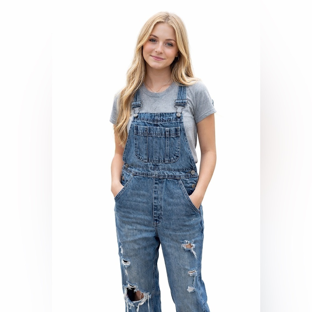 Abercrombie & Fitch Wm Denim Overalls Sz XS Blue Straight Leg Casual Distressed